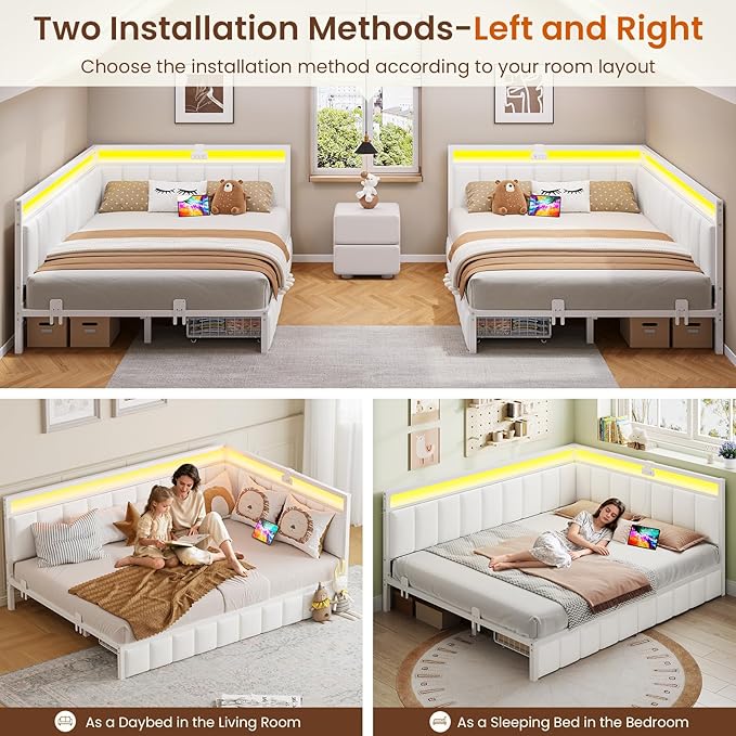 DICTAC Corner Bed Frame with 2 Storage Drawers and Charging Station Full Size - Image 9