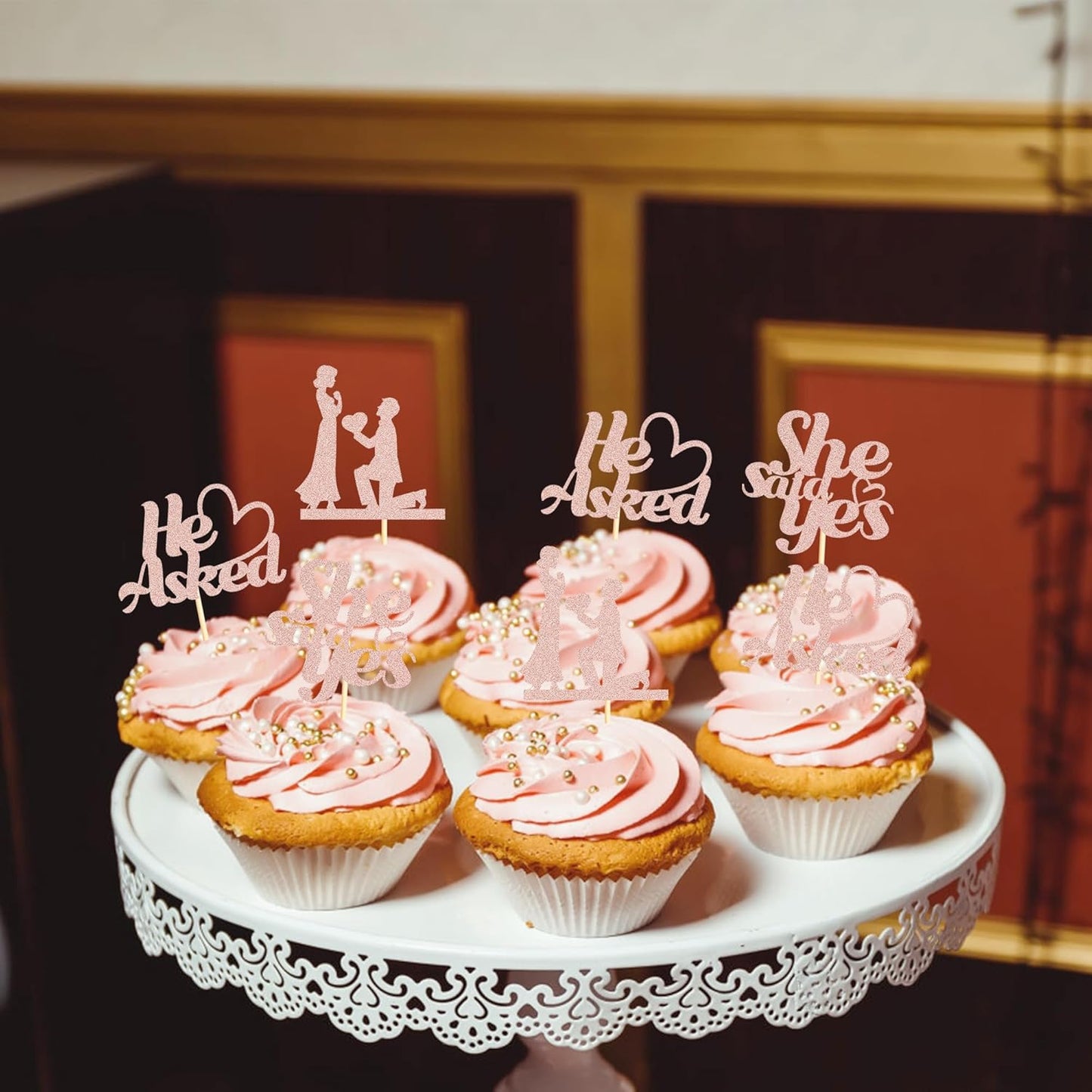 Sotpot 24PCS He Asked She Said Yes Cupcake Toppers With Heart Rose Gold Glitter for Wedding Bridal Shower,Wedding Engagement Party Cake Decorations