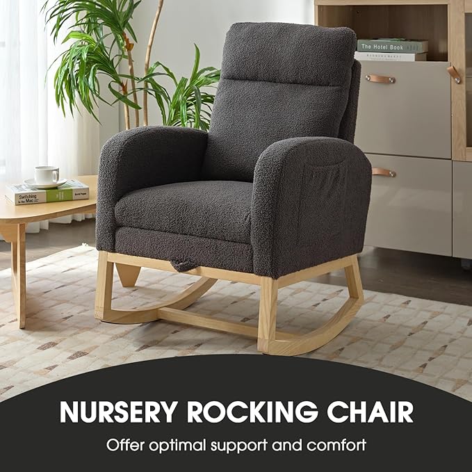 NIOIIKIT Modern Nursery Rocking Chair, Teddy Upholstered Rocking Chair - Image 4