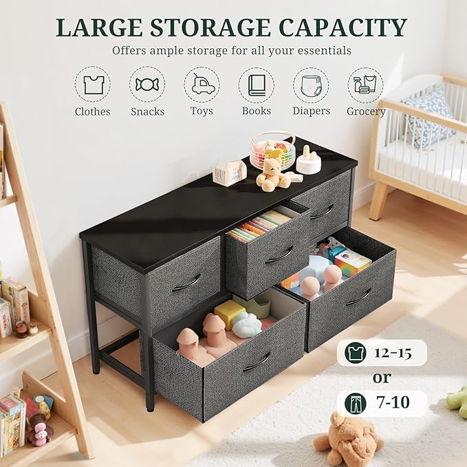 5-Drawer Dresser for Bedroom, Anti-Tip Wide Storage Organizer Fabric Chest of - Image 5