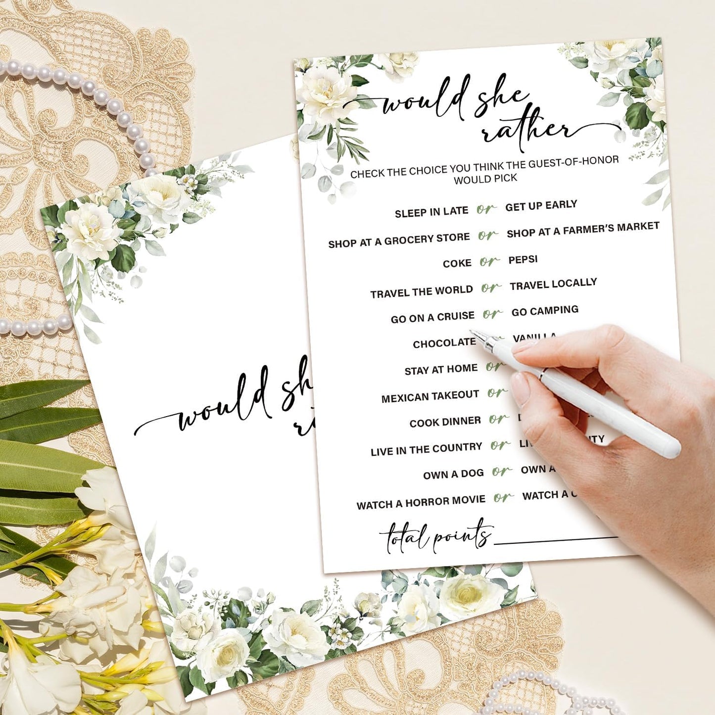 Eucalyptus Bridal Shower Games 30 Guests, Would She Rould Bridal Games for Showers, White Rose Wedding Engagement Party Activity Party Supplies/Green-03