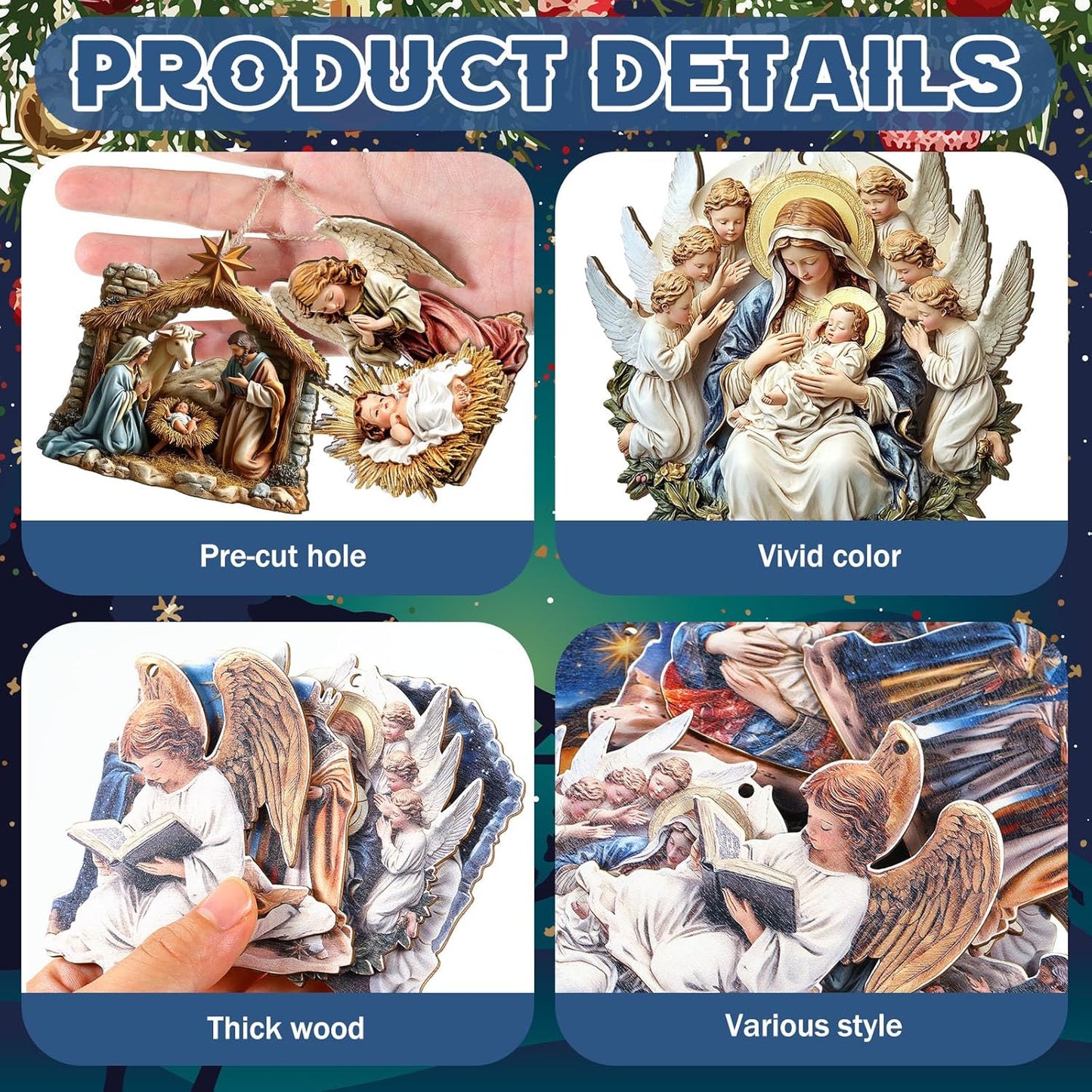 Suzile 36 Pcs Wooden Ornaments Vintage Tree Ornaments Decorations for Tree Wreaths Hanging Wood Cutouts Decor for Home Winter Party(Jesus)