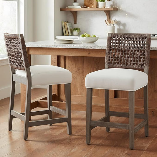 27-Inch Midcentury Modern Counter Stools, Wooden Wicker Stool Chairs by DMFurniture