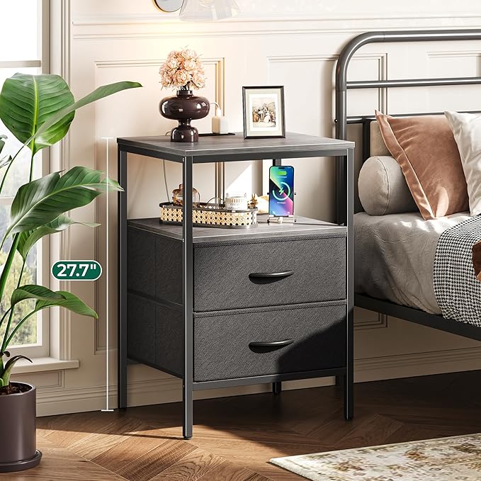 Huuger Night Stand with Charger Station, 27.7 Inch Tall Nightstand, Bed Side - Image 2