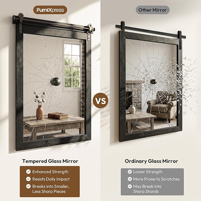 24"x36" Black Barn Door Wall Mirror, Solid Wood Framed Rustic Accent Mirror - Image 6