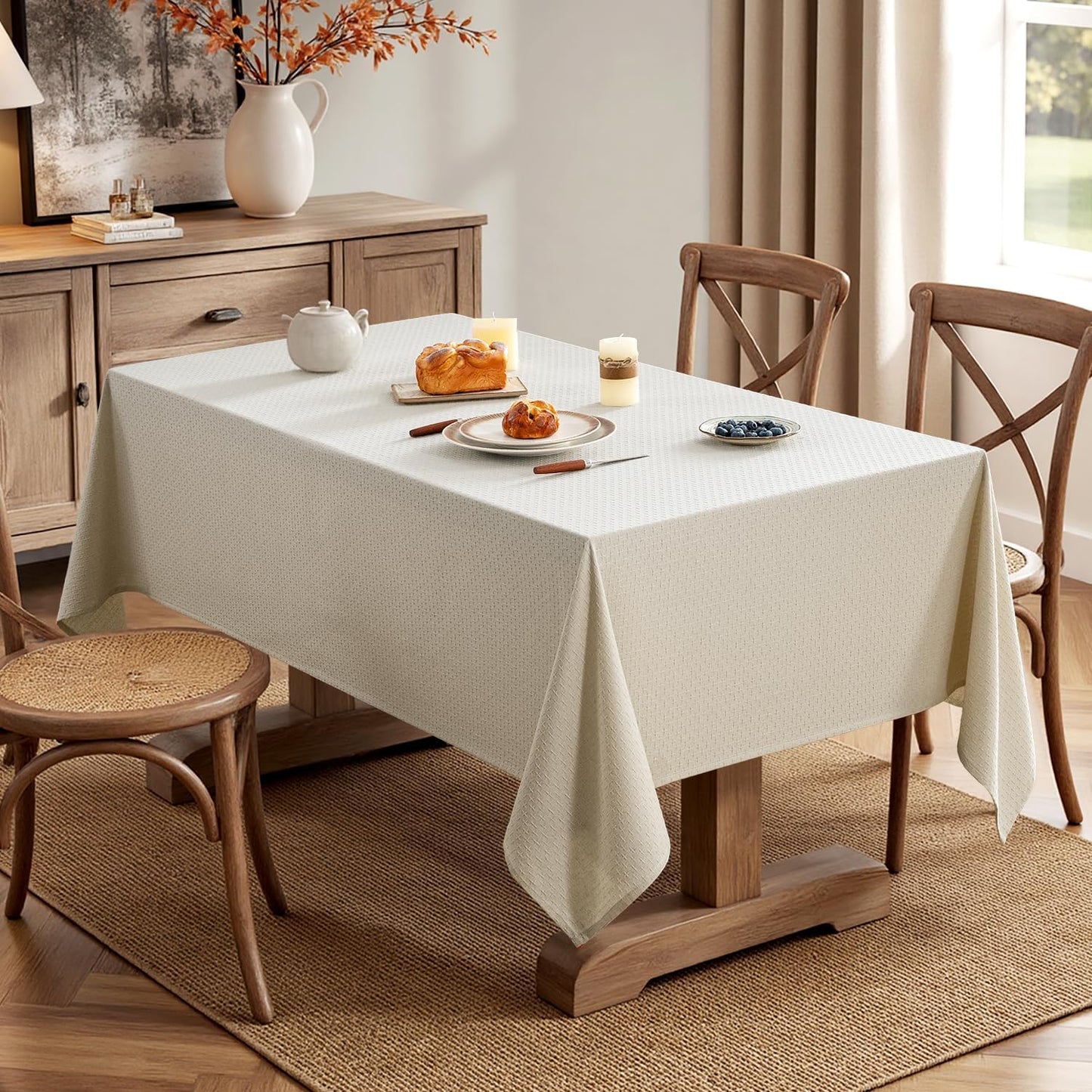 MIULEE Natural Linen Cottton Table Cloth Rectangle Tablecloth Waterproof Spillproof Cross-Star Textured Table Cltoth Decorative Farmhouse Style for Dining Party Weddings 60x104 Inch