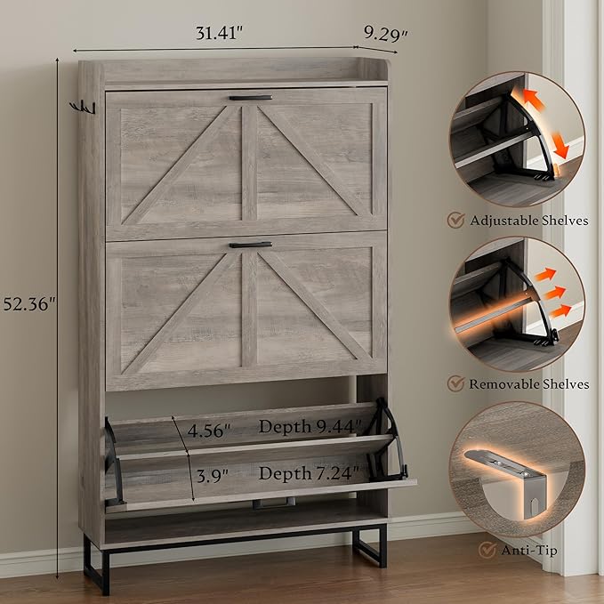 BORNOON Shoe Cabinet with 3 Flip Drawers Narrow Shoe Storage Cabinet Organizer - Image 2