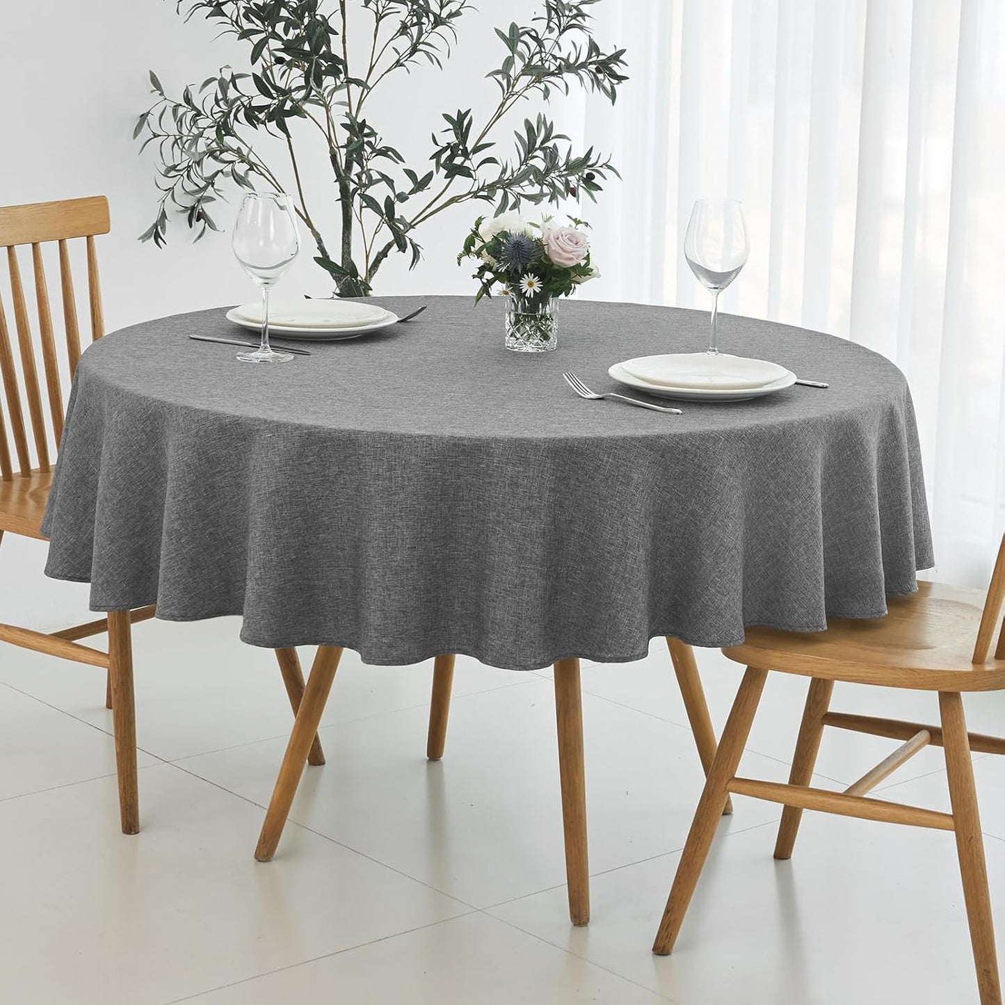 maxmill Round Linen Textured Tablecloth Spill-Proof Stainproof Wrinkle Free Washable Fabric Table Cloth for Circular Table Cover, Dining Room Buffet Banquet Parties Holiday Dinner, 70 Inch, Dark Grey