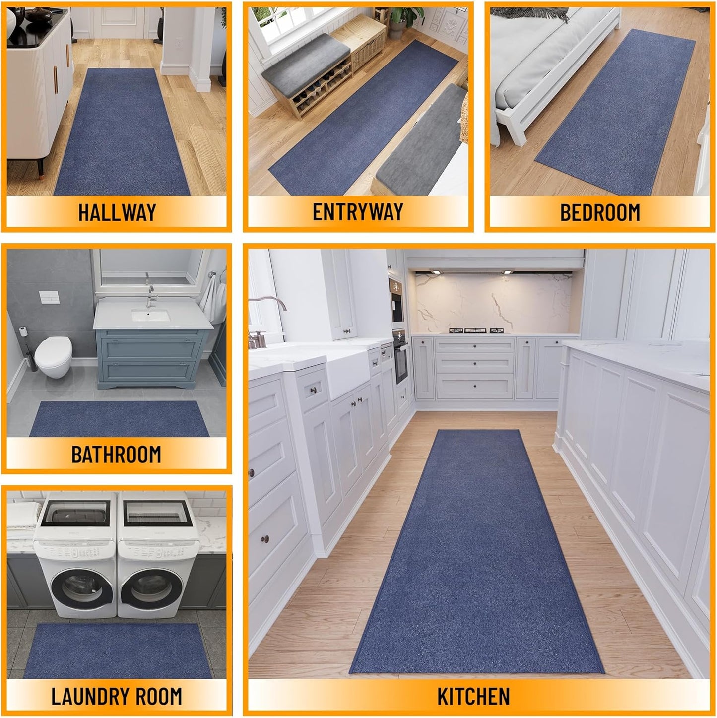 Ottomanson 2' x 14' Ultra-Thin Hallway Runner Rug - Durable Non-Slip Carpet for High-Traffic Areas - Fits Under Doors for Seamless Entry - Ideal for Kitchen, Entryway, Bedroom & Living Room, Navy