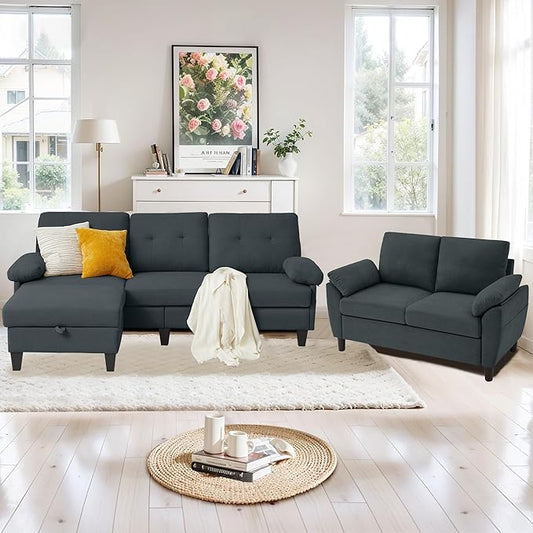 84" Convertible Sectional Sofa Set, 3 Seat L Shaped Couch by soscana