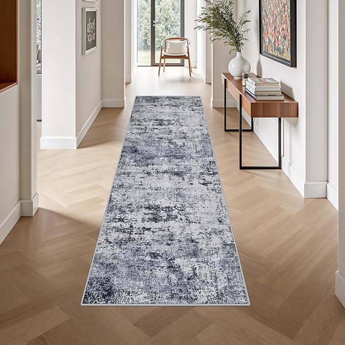 2.6'x10' Runner Rug Washable Rug: Modern Abstract Soft Thin Runner Rug Grey - Image 4