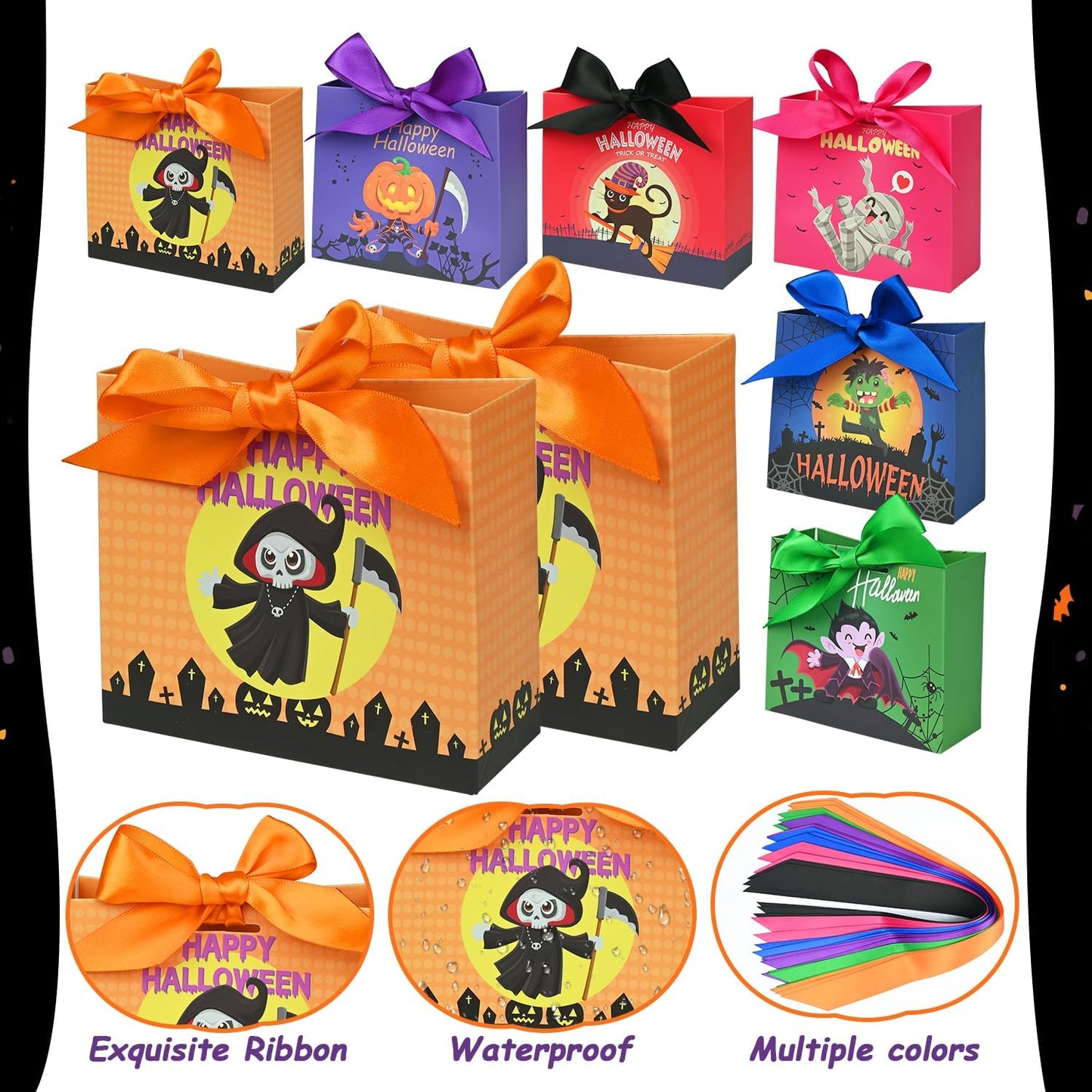 24PCS Halloween Goodies Bags, Trick or Treat Candy Gift Paper Bags Bulk with Ribbons, Halloween Treat Boxes for Kid, Party Favor, Classroom Exchange, Home Decoration 4.5 x 3.9 x 1.7 Inches