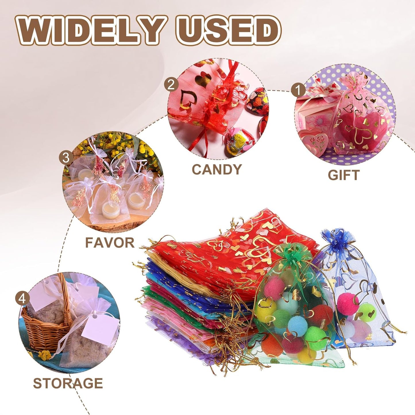 PATIKIL 50 Pcs 3x4 Inch Heart Printed Organza Bags, Red Sheer Heart Organza Bags with Drawstring for Festival Candy Jewelry Party Wedding Favor Gift