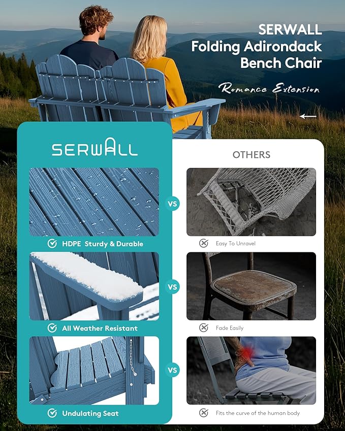SERWALL Outdoor Folding Adirondack Bench, HDPE All-Weather Adirondack Loveseat - Image 6