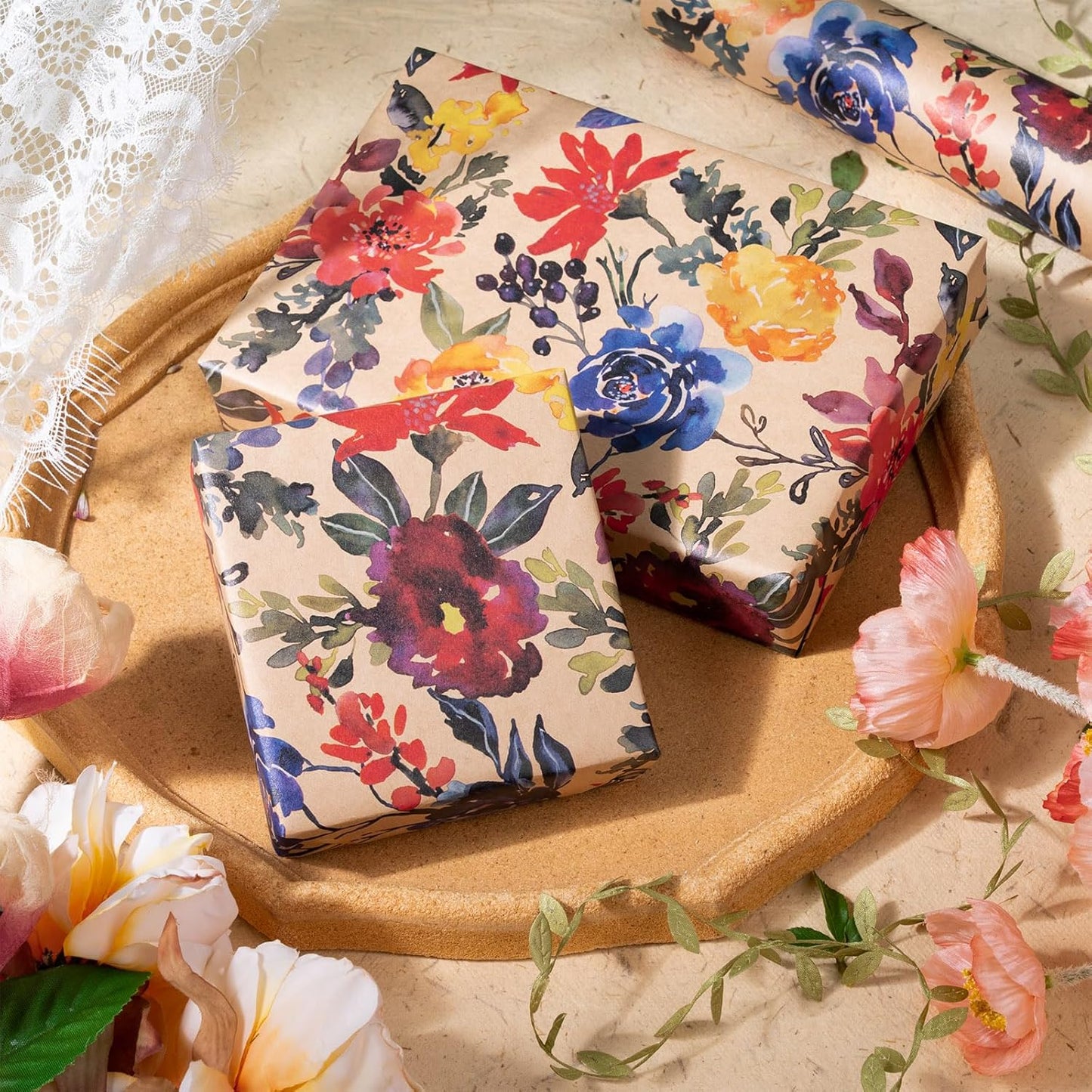 RUSPEPA Watercolor Floral Wrapping Paper, 17 Inches x 16. 4 Feet, Mini Roll, Flower Kraft Wrapping Paper Roll for Women, Girls, Spring, Birthdays, Baby Shower and Bridal Shower