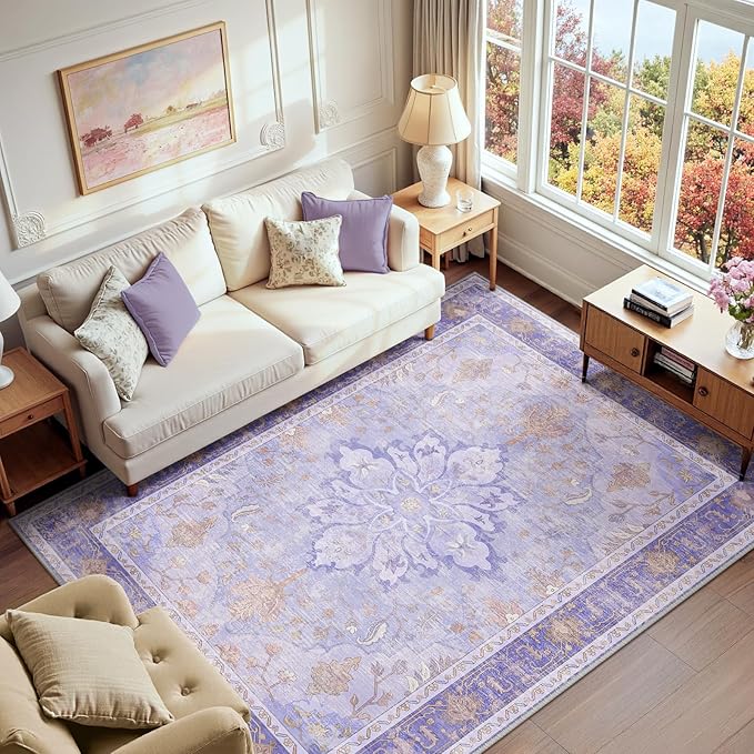 RELEANY Area Rugs 6'x9' Washable Non-Slip, Floral Vintage Distress Print by RELEANY