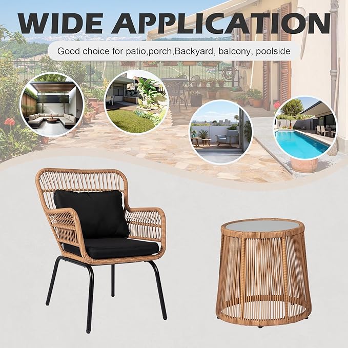 3 Piece Outdoor Wicker Furniture Bistro Set, Rattan Chairs Conversation Sets - Image 7