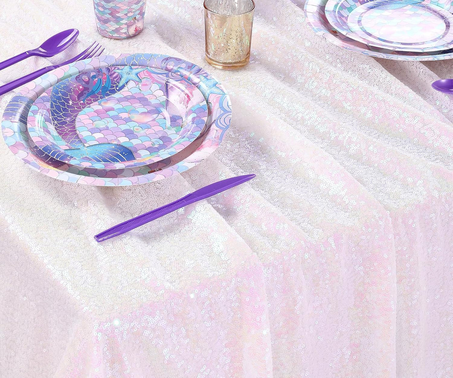 QueenDream Sparkly Sequin Tablecloth - White Iridescent Table Cloth 50x80 Inches Rectangle Table Overlay Fabric for Birthday Parties Baby Shower Decoration