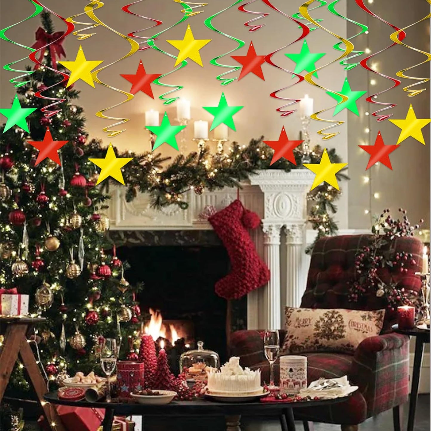 BEISHIDA Green Gold Star Hanging Swirl Decorations, Birthday Hanging Party Supplies for Christmas Wedding Baby Shower Birthday Decorations,Pack of 15