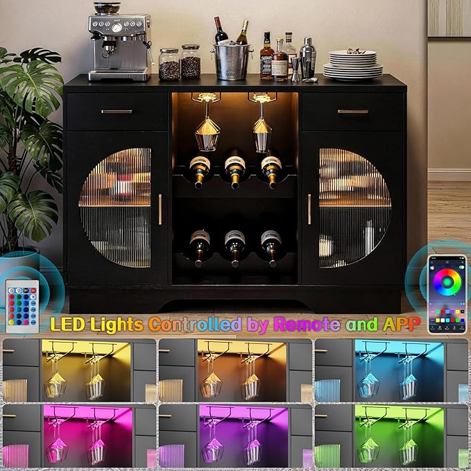 Wine Bar Cabinet with LED Light, Modern Liquor Cabinet Coffee Bar Cabinet - Image 4