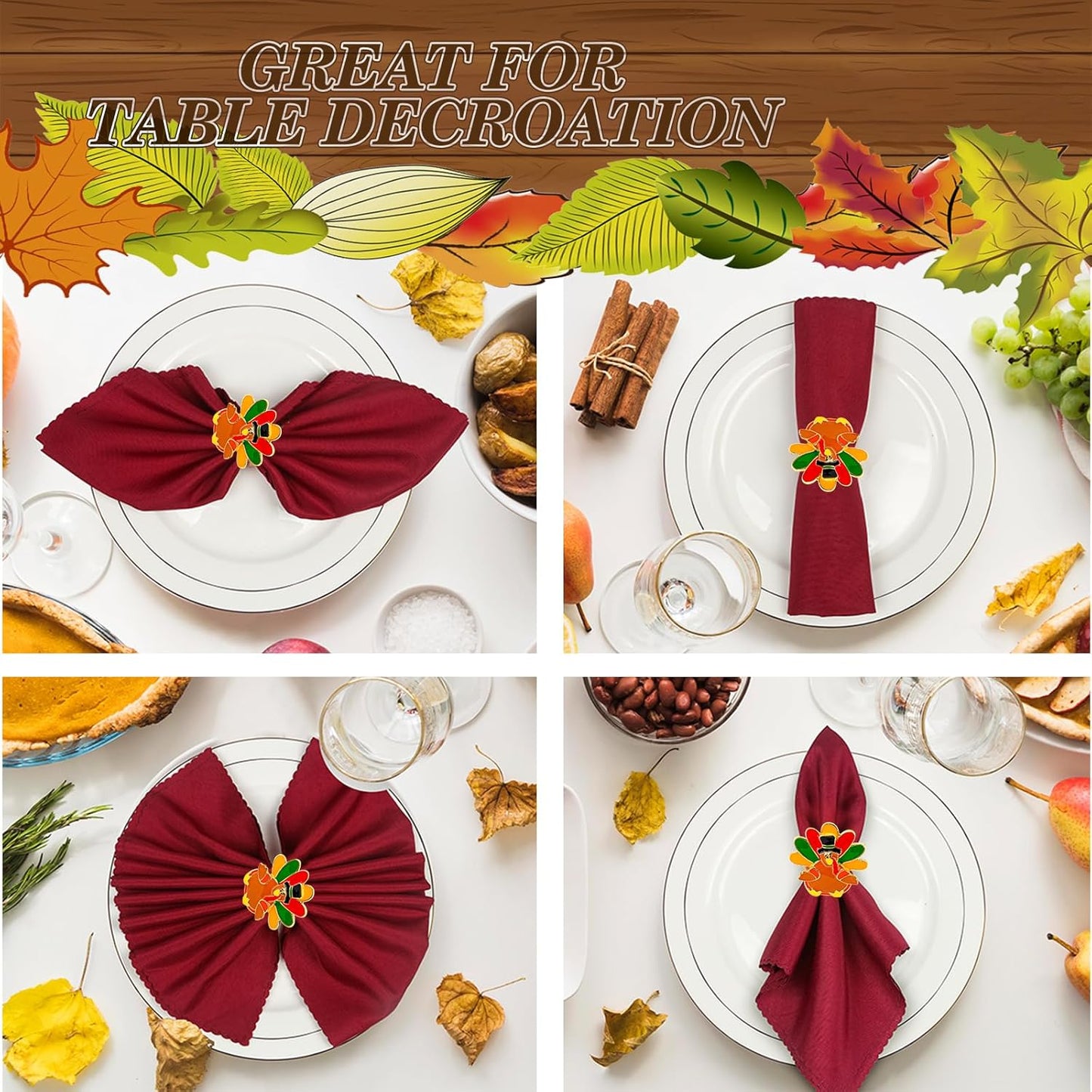 KPOSIYA Thanksgiving Napkin Rings Set of 6, Turkey Napkin Rings Vintage Alloy Fall Napkin Holders for Holiday Dinner Parties, Weddings, Family Gatherings