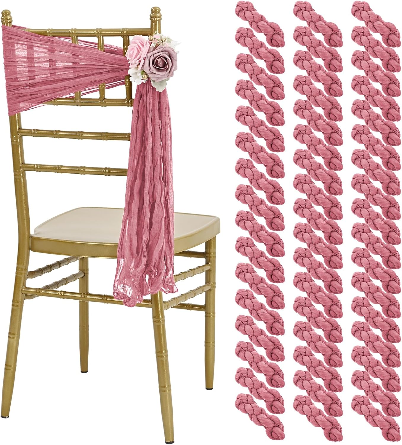 50 PCS Cheesecloth Chair Sashes, Bows Designed ChairSashes, 15.7x70 inch Chair Sashes for Aisle Decorations Universal Chairs Cover Decoration for Wedding Reception Party Banquet (Dusty Rose)