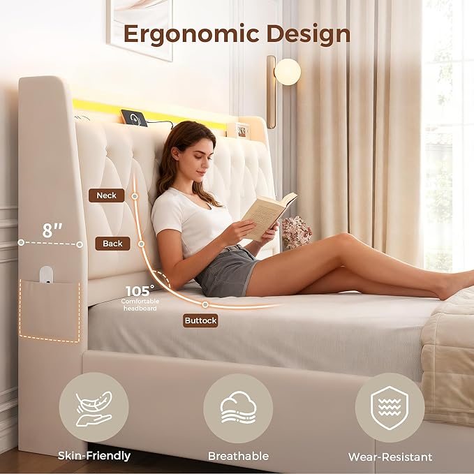 Full LED Velvet Bed Frame with 2 Storage Drawers&Hidden Headboard, Upholstered - Image 7