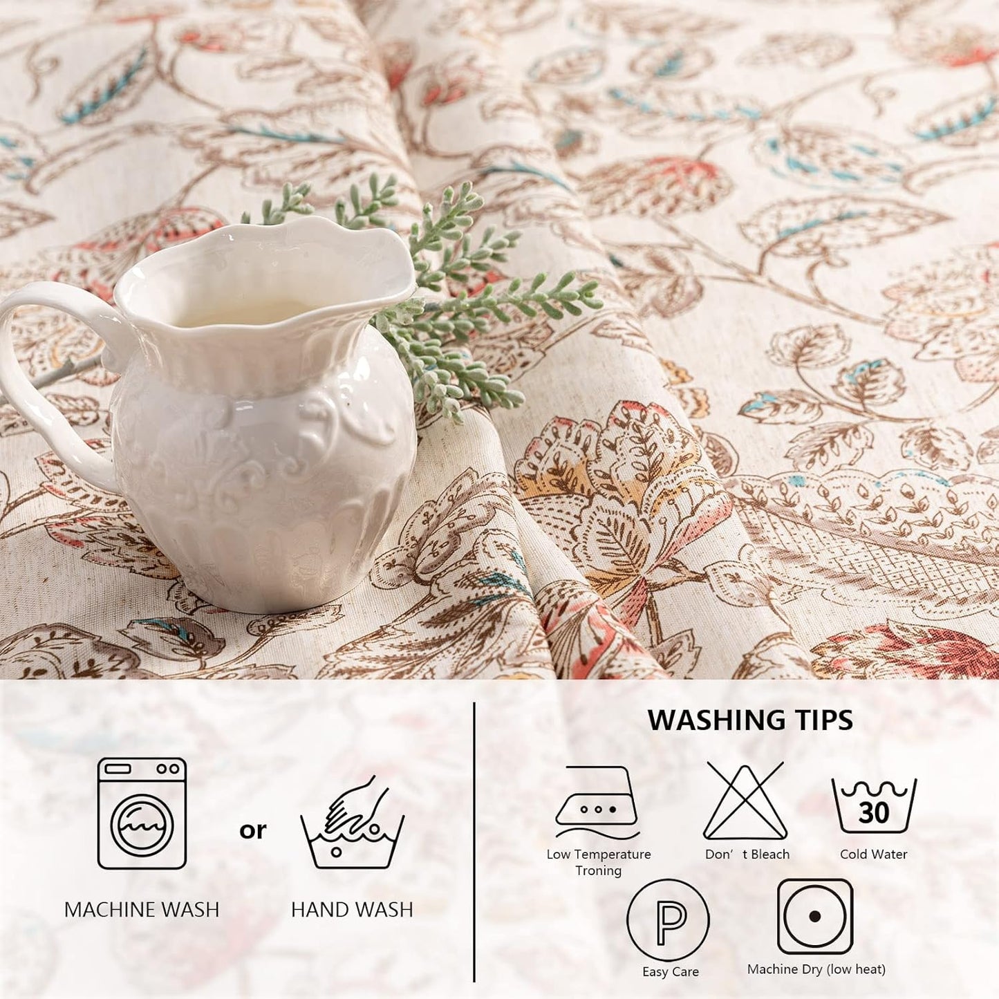 MYSKY HOME Linen Floral Tablecloth Rectangle 60x84 Inch Rustic Tablecloth Spring Summer Waterproof Fabric Table Cover Farmhouse Decoration Oblong for Kitchen, Dining and Outdoor Picnic, Brown