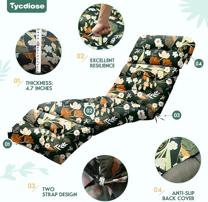 Outdoor Chaise Lounge Chair Cushion Set of 4, Waterproof 74.4 x 22 x 4.7 Inches - Image 5