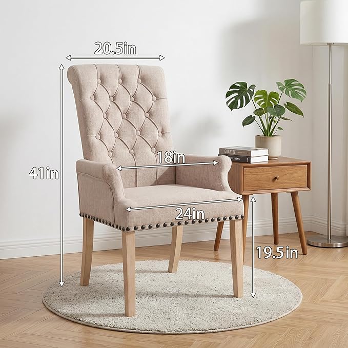 Modern Backrest Cushioned Dining Chair, Button Decorated Armrest Linen Chair - Image 2