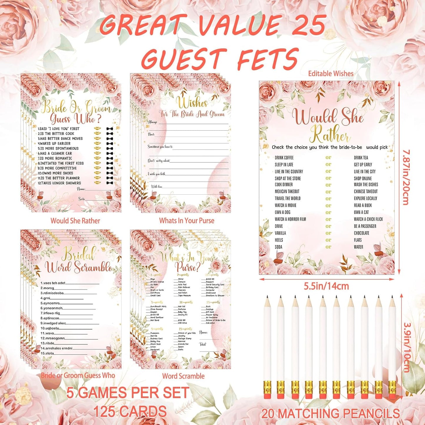 Teling 145 Pieces Bridal Shower Game Bridal Shower Favors Set Wedding Games Cards and Pencils for Bride Groom Bachelorette Party Wedding Party Favor(Pink Floral)