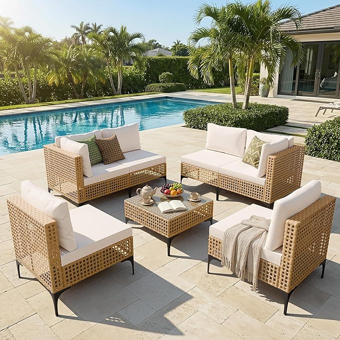 Devoko Patio Furniture Set, 7 Pieces Outdoor Wicker Sectional Couch - Image 8