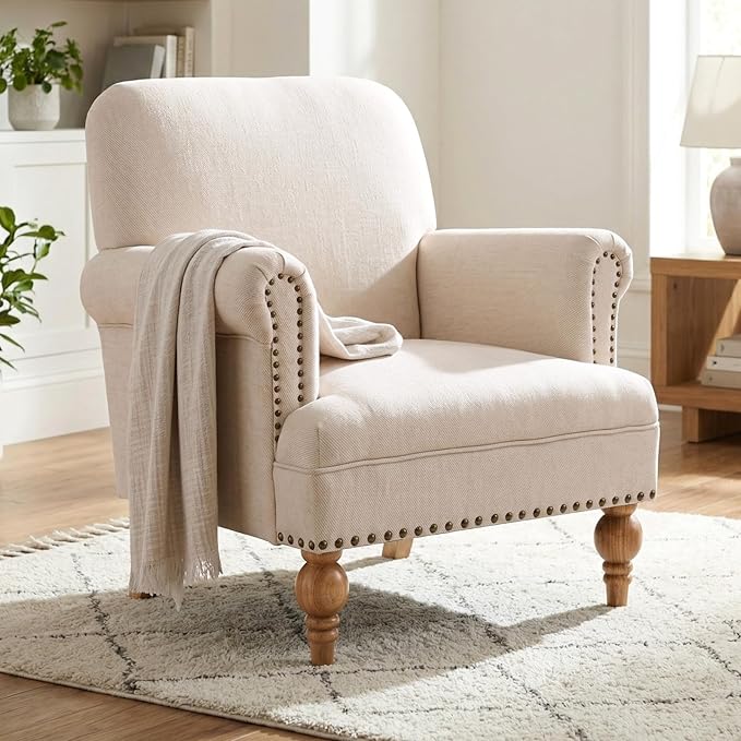 Beige Linen Fabric Accent Chair, Modern Farmhouse Upholstered Armchair by DMFurniture
