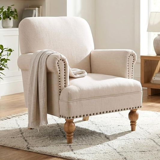 Beige Linen Fabric Accent Chair, Modern Farmhouse Upholstered Armchair by DMFurniture