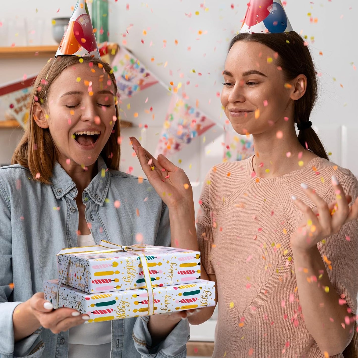 Yarcony Birthday Candle Wrapping Paper Roll - 17Inch X 33Feet - Elegant Rainbow Gold Foil Candles Gift Wrap Paper for Girl's Birthday, Christmas, Holiday, Party and Sophisticated Celebration