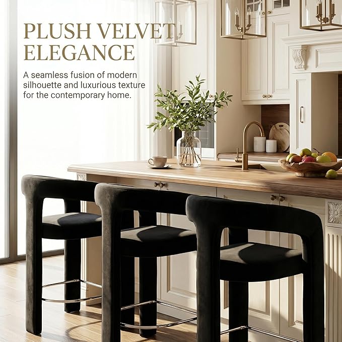 HNY 26 Inch Modern Tall Barrel Bar Stools Set of 4, Velvet Upholstered Barstools - Image 3