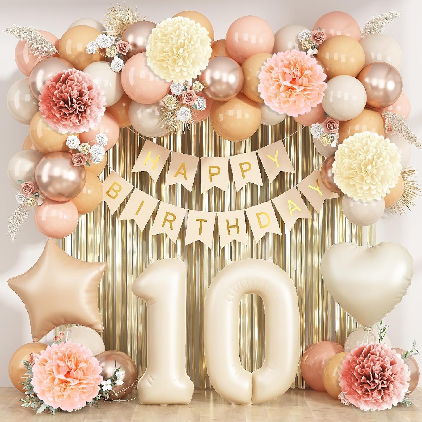 Beige 10th Birthday Decorations Girls Boys Cream Number 10 Balloon Nude Gold Happy Birthday Banner Fringe Curtain Paper Pom Poms Blush White Sand Champagne Star Foil Balloons Neutral Boho Party Decor