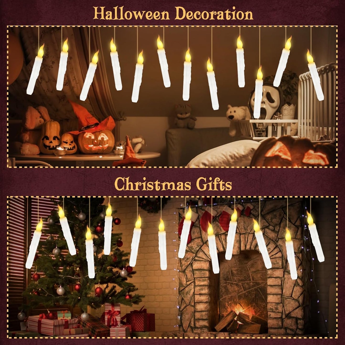 Halloween Decorations, Floating Candles with Wand, 12 PCS Magic Hanging Candles, Flickering Flameless Floating LED Candle, Witch Wizard Christmas Decor for Home Classroom Bedroom Church Birthday Party