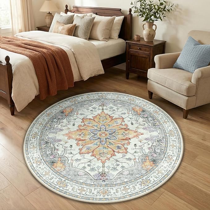 RELEANY Area Rugs Round 4ft Washable Non-Slip, Floral Vintage Distress Print - Image 3