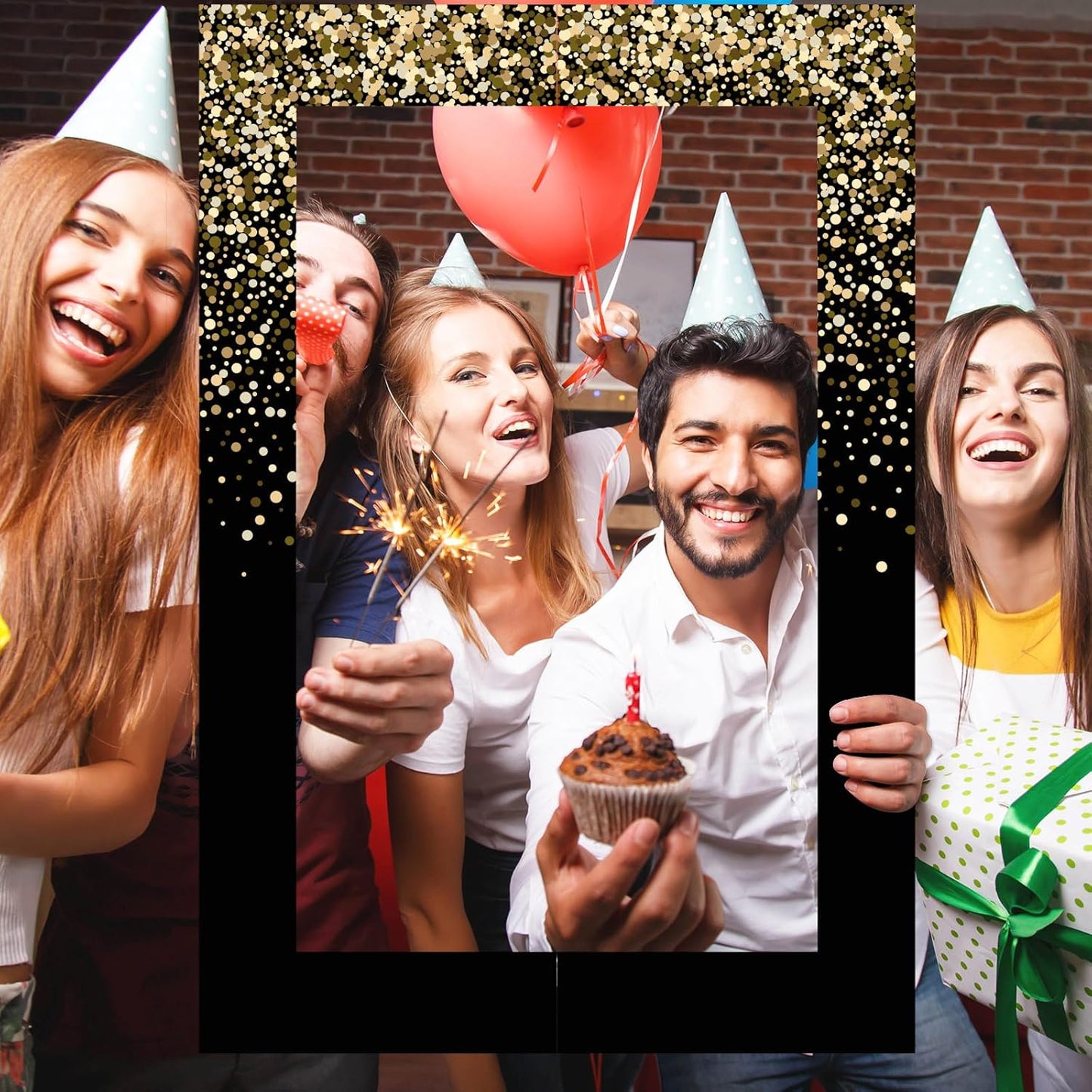 Upgraded 32 x 24 Inch Large Photo Booth Props Picture Frame Vintage Photo Frame Friends Selfie Props for Wedding Mexico Birthday Bachelorette Graduation Party Supplies(Black and Gold Style)