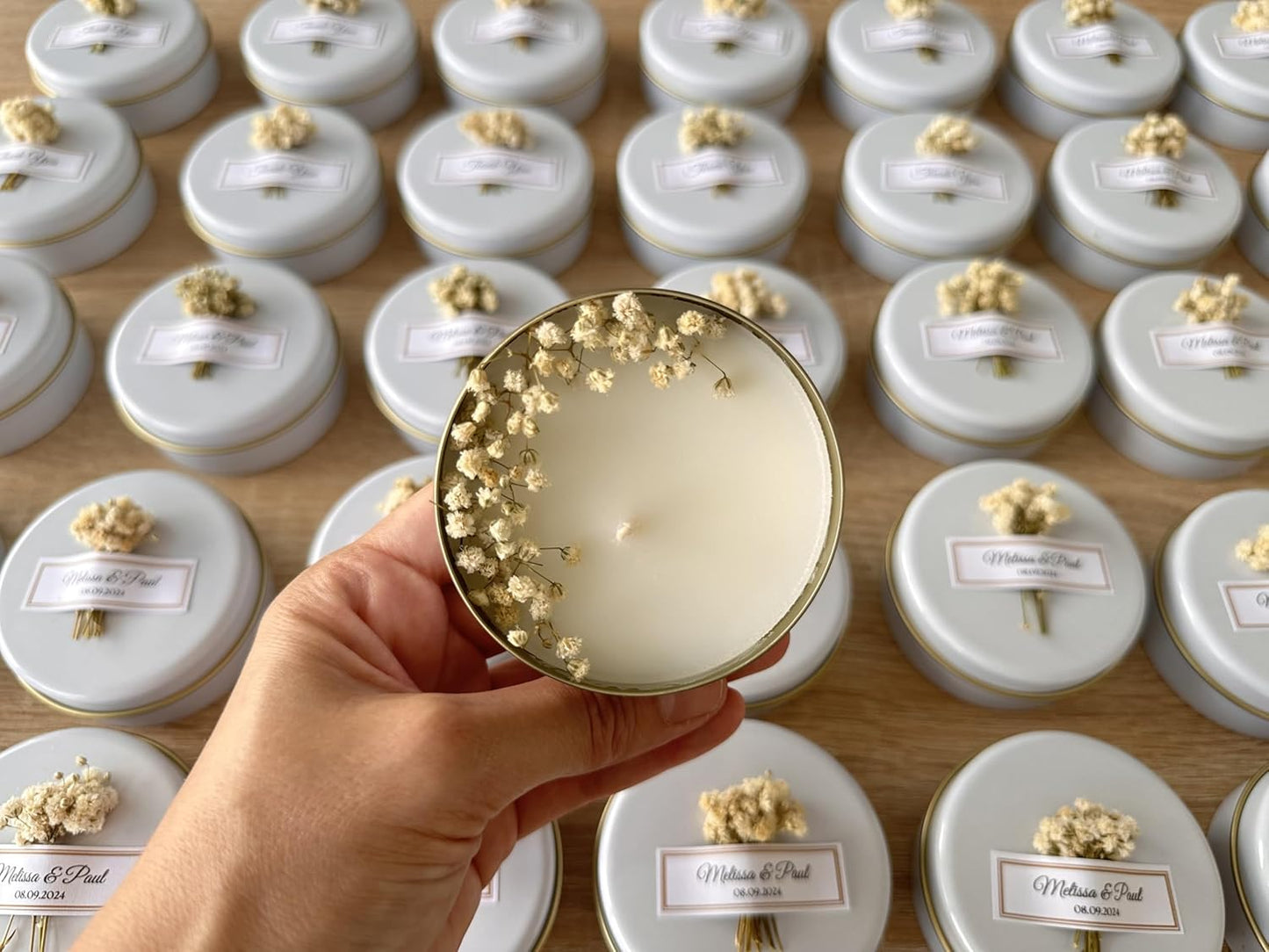 Scented Soy Wax Candle Favors with Dried Flowers - Personalized for Weddings, Bridal Showers, Baby Showers, Birthdays (10-20-30-40-50-100 PCS in Bulk)