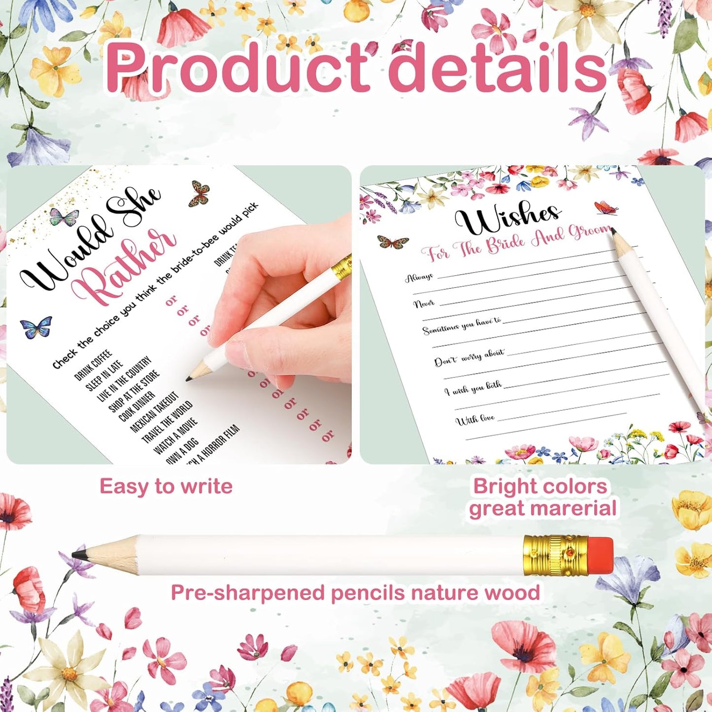Teling 145 Pieces Bridal Shower Game Bridal Shower Favors Set Wedding Games Cards and Pencils for Bride Groom Bachelorette Party Wedding Party Favor(Wildflower Floral)