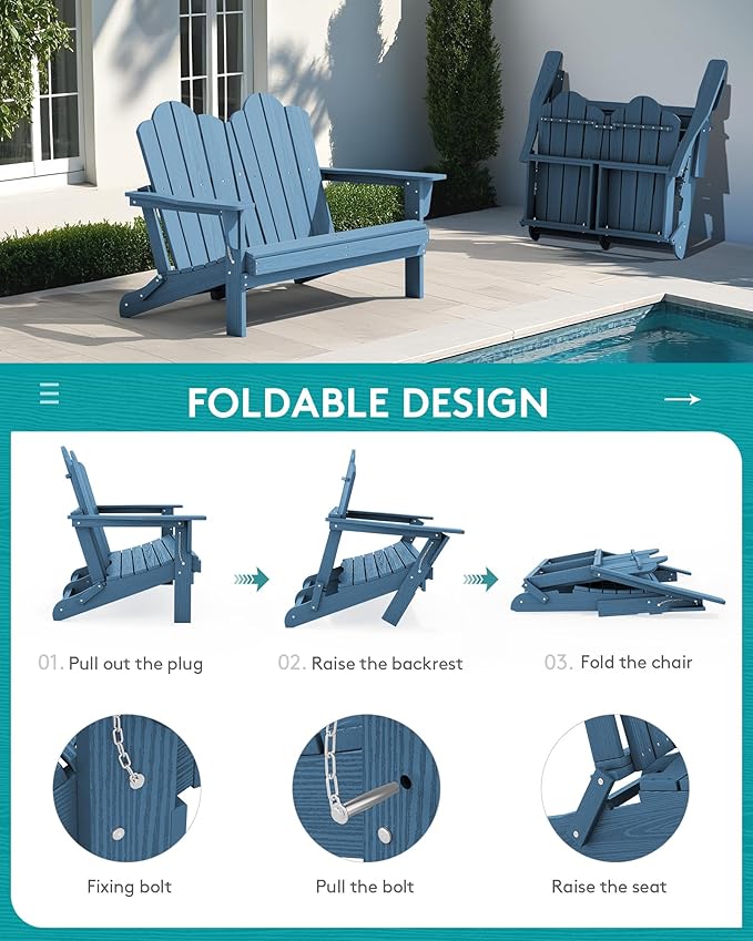 SERWALL Outdoor Folding Adirondack Bench, HDPE All-Weather Adirondack Loveseat - Image 4