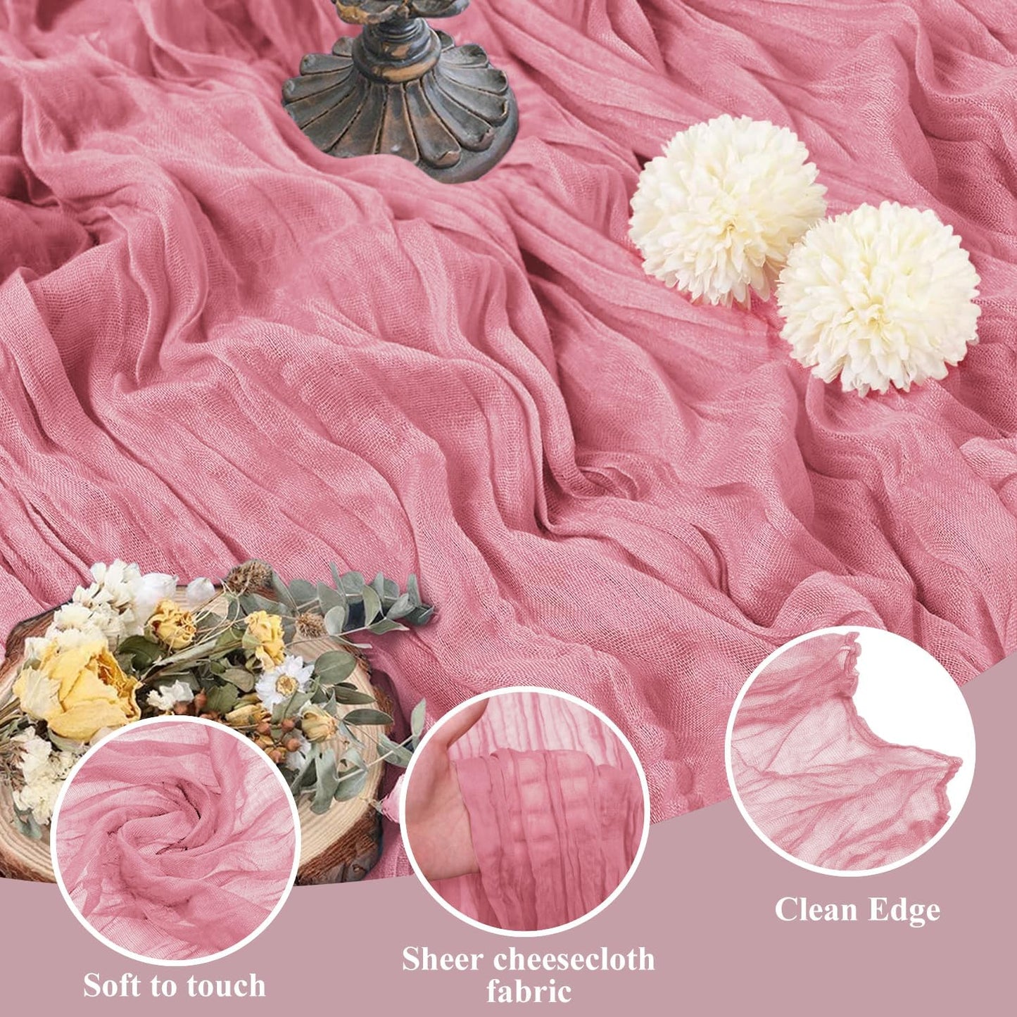 Asee'm 2pcs Cheesecloth Table Runner 120 Inches Dusty Rose Boho Gauze Cheese Cloth Runner 10FT Rustic Sheer Table Runners for Summer Wedding Baby Shower Holiday Party Decoration