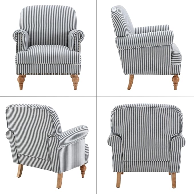 Blue Striped Linen Fabric Accent Chair, Coastal Upholstered Armchair - Image 9