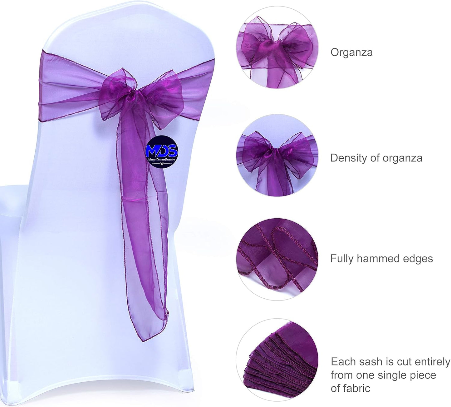 MDS Pack of 125 PCS Organza Chair Sashes Wider Dining Chair Bows Ribbon Tie Back for Wedding Party Birthday Bridal Shower Reception Event Banquet Home Chair Cover Decoration - Dark Purple
