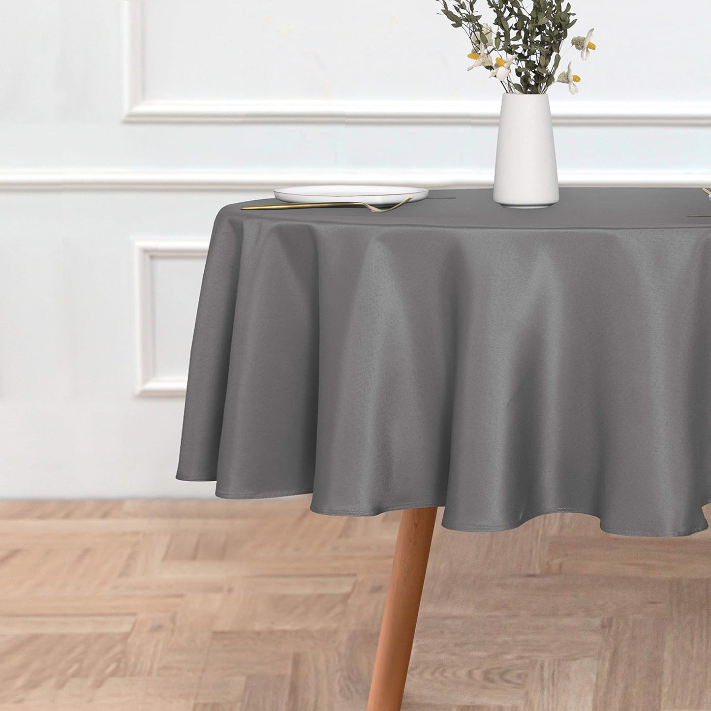 sancua Round Tablecloth - 70 Inch - Water Resistant Spill Proof Washable Polyester Table Cloth Decorative Fabric Table Cover for Dining Tables, Buffet Parties and Camping, Light Grey