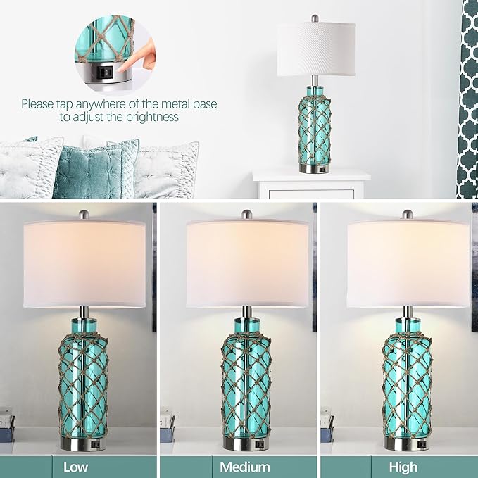 Cottage Nautical Accent Table Lamp Set of 2, Touch Coastal Blue Green Glass - Image 2