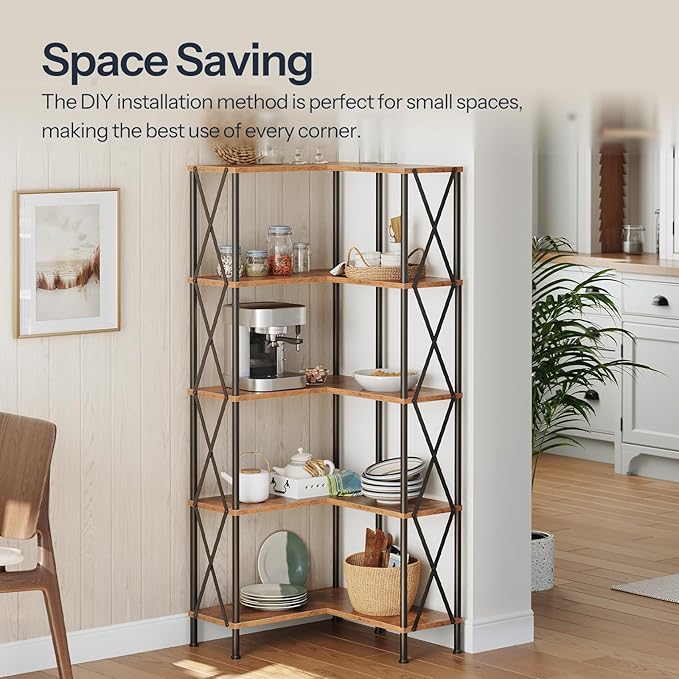 HOOBRO Corner Bookshelf, 5-Tier L-Shaped Bookcase, Industrial Open Display - Image 3