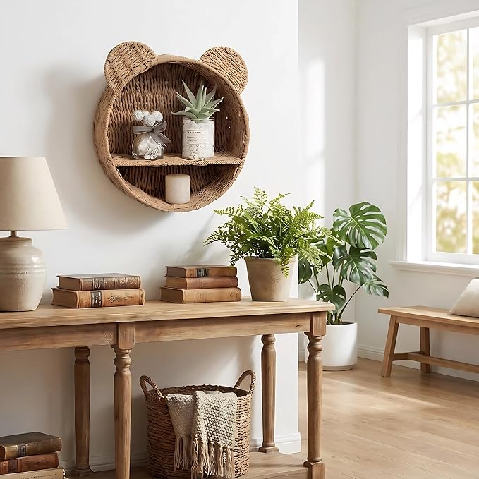 Woven Wall Basket Shelf Bear Nursery Decor — Boho Handwoven Hanging Wall Decor - Image 9
